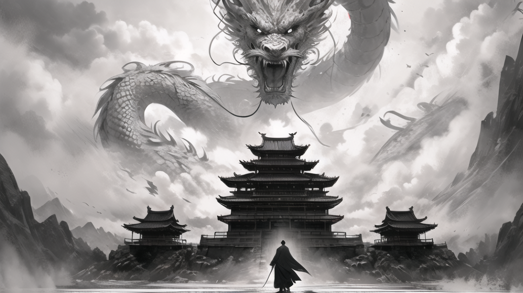 02609-3000540004-A dragon hovers in the center of the building,Chinese dragon,a man with a sword facing the dragon,a warrior standing in front of.png